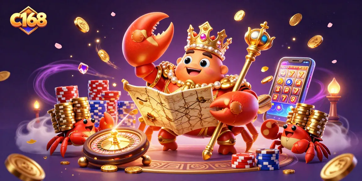 Engage with exciting gaming experiences at c168, featuring a golden crab emperor and vibrant casino elements!