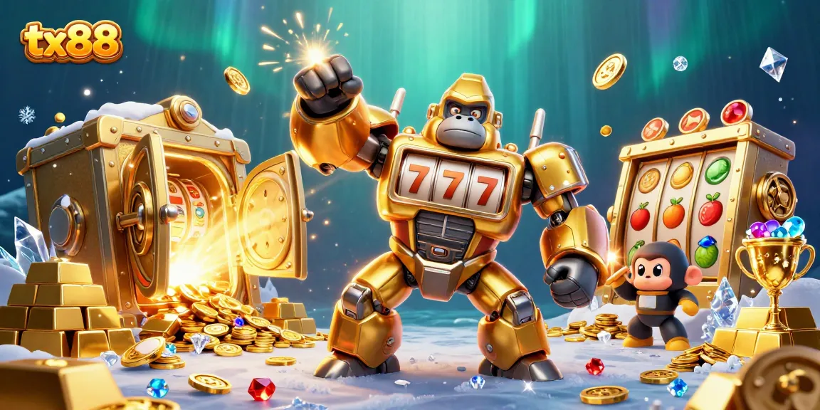Experience thrilling wins with tx88 as a golden mech bursts through a treasure vault in this vibrant 3D scene!