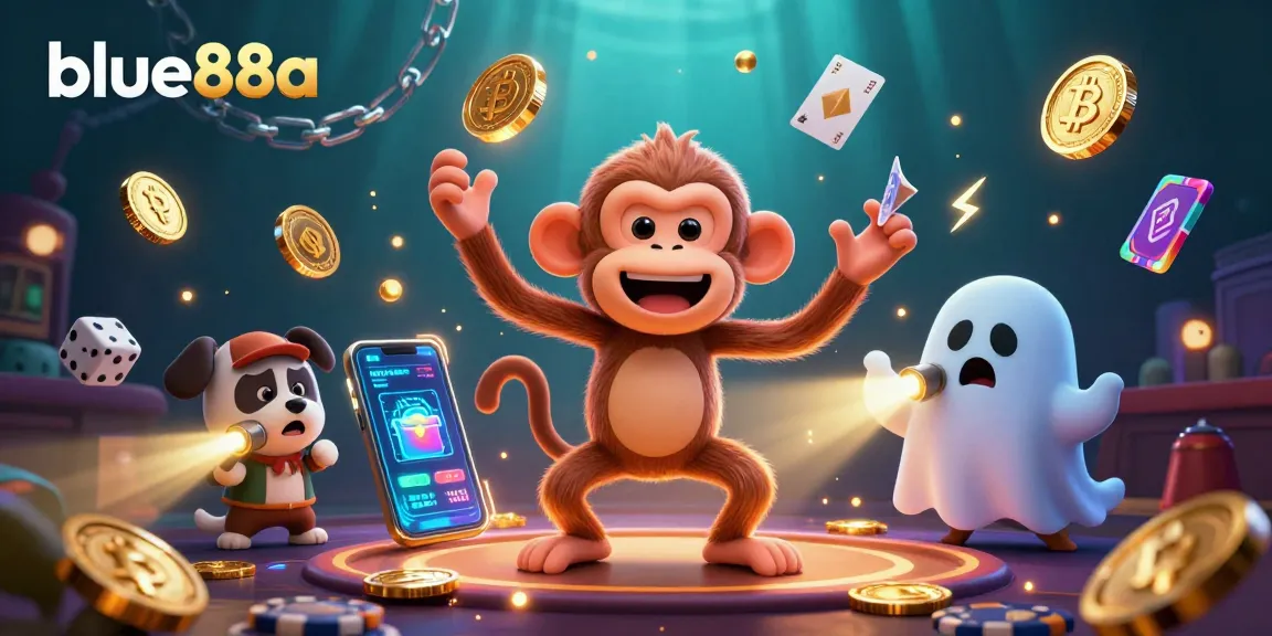 Engage with blue88a as a mischievous monkey juggles tokens while a curious puppy watches in a haunted casino.