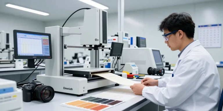 Tearing test in a professional textile lab with Elmendorf tester and fabric samples.