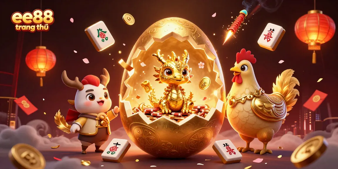 Bet big at the ee88 trang chủ with a golden dragon surrounded by lucky charms and vibrant casino elements.
