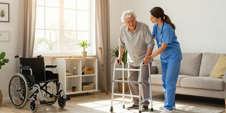 Buy nobility aids in a warm home setting where a caregiver assists an elderly man using a walker, emphasizing support and independence.