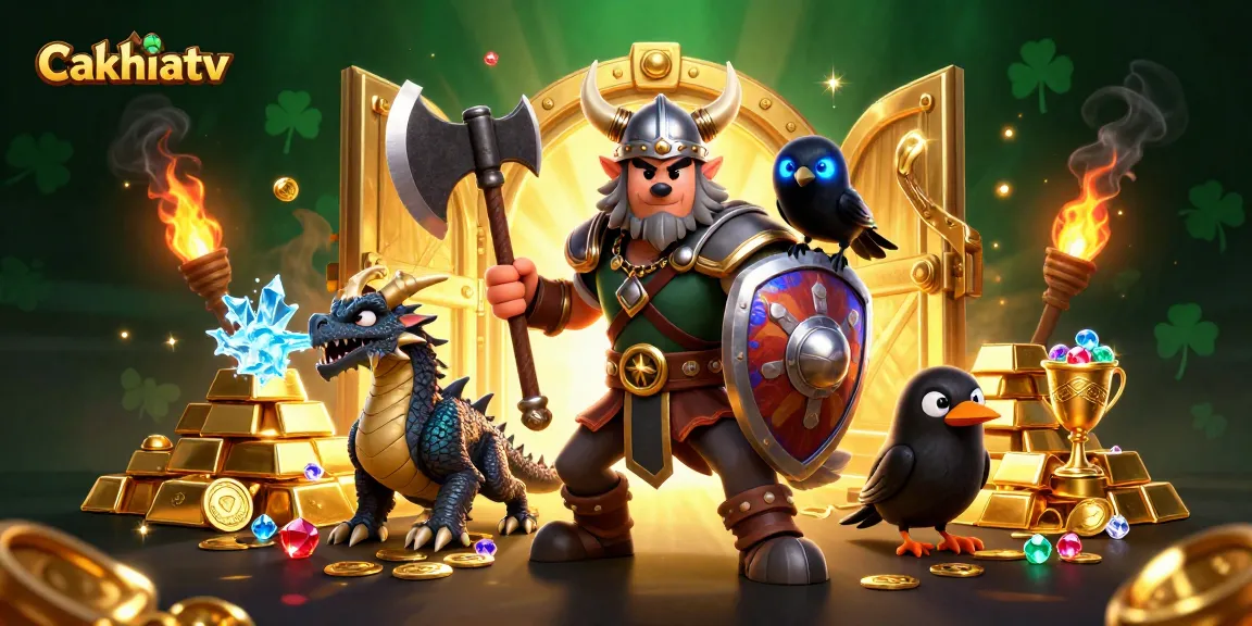Experience gaming excitement with cakhiatv as a Viking warrior, dragon, and raven discover treasures.