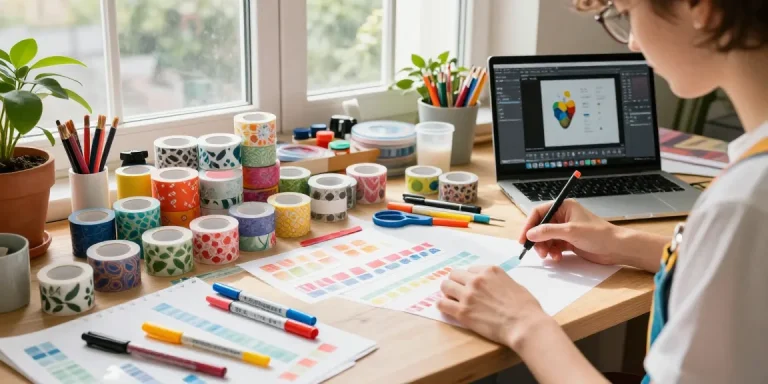 Designer creating custom washi tape in a vibrant art studio filled with tools and colorful designs.