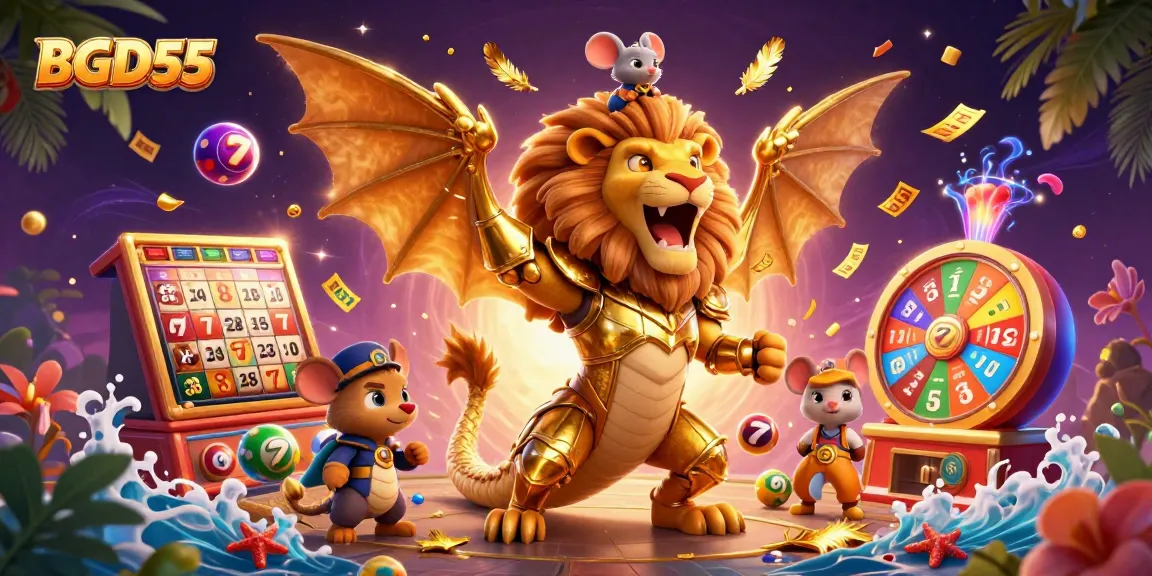 Engage with BGD55's thrilling gaming experience amidst vibrant colorful casino elements.