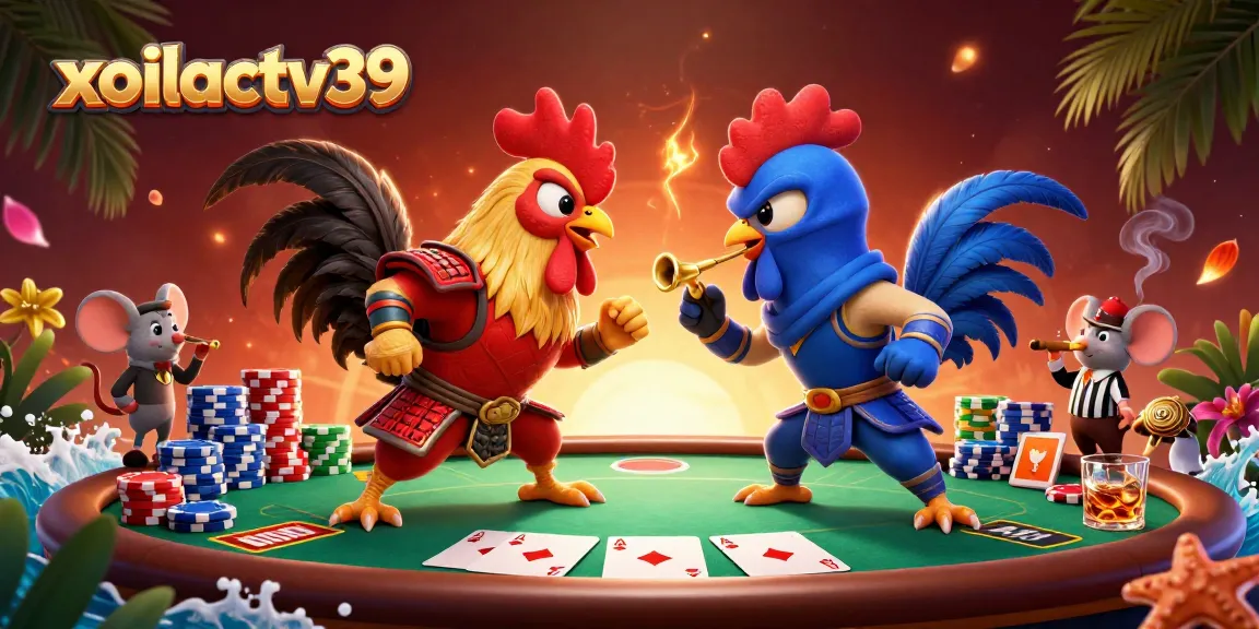 xoilactv39 showcases vibrant fighting roosters in an energetic poker scene with dynamic elements.