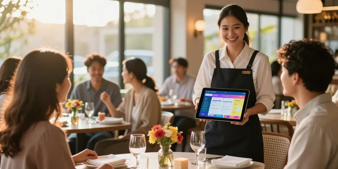 Free restaurant reservations software interface displayed on a tablet in a lively restaurant host stand.