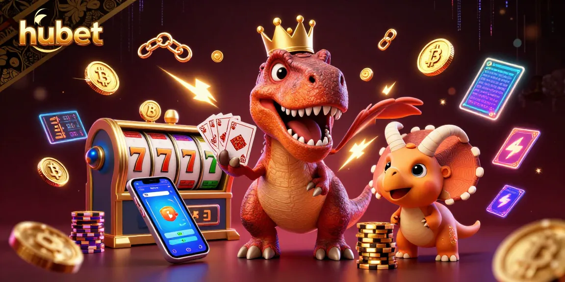 Engage with the hubet casino adventure featuring a friendly T-Rex and pterodactyl amidst vibrant gaming elements.