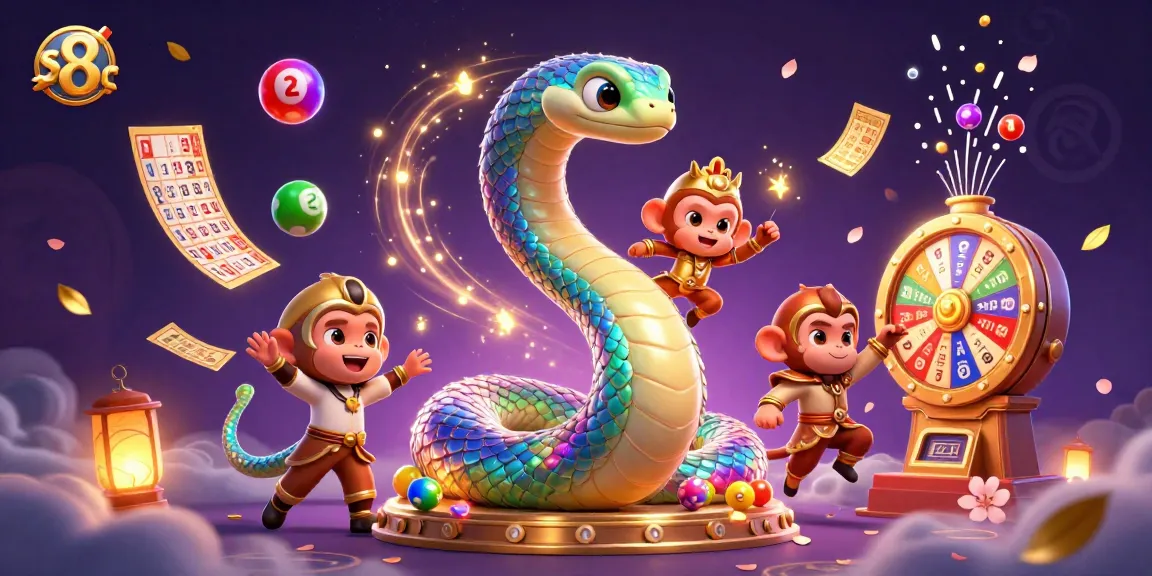 Experience vibrant gaming excitement with s 8, surrounded by colorful lottery elements and magical creatures.