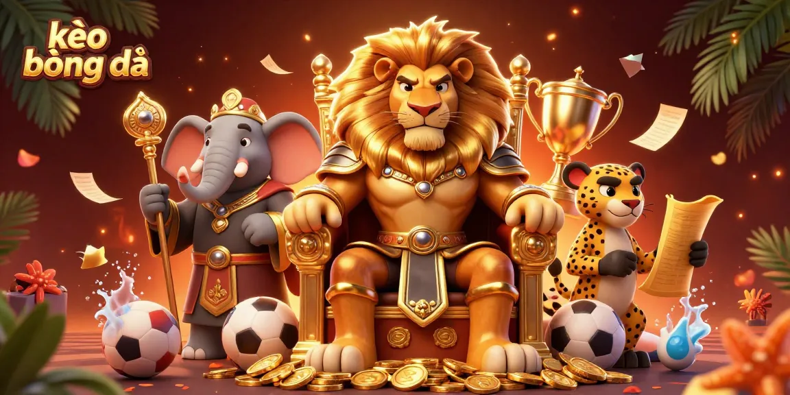 Kèo bóng đá providing sports betting insights with a vibrant, dynamic scene featuring a lion king, elephant advisor, and cheetah messenger.