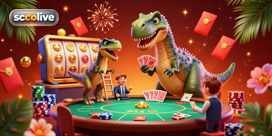 Socolive captures the thrill of online poker with a colorful 3D scene featuring a giant brontosaurus and a clever raptor dealing cards among vibrant gambling elements.