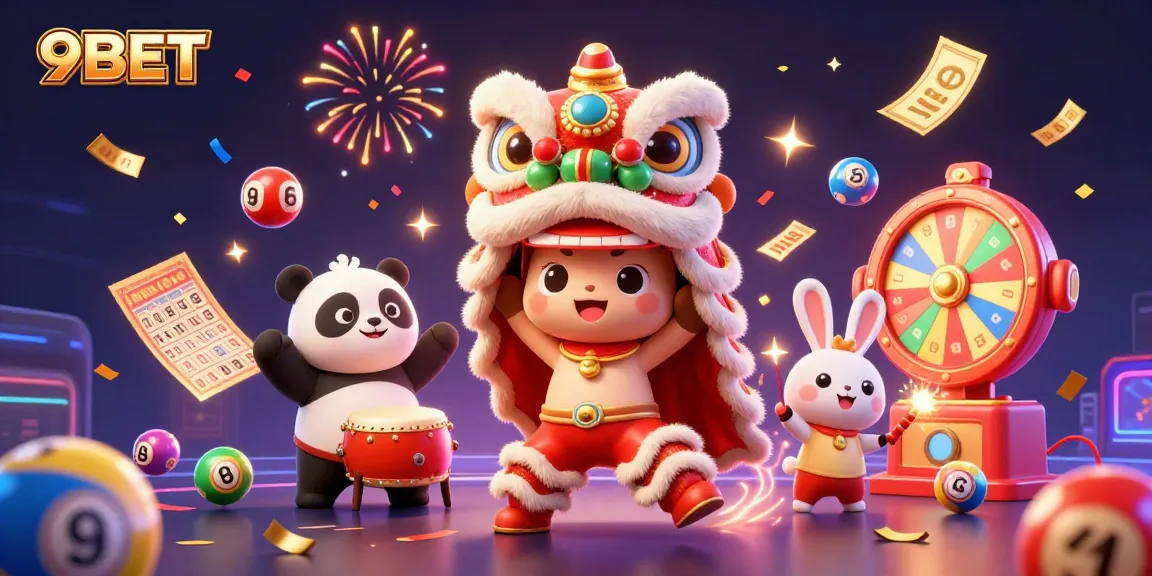 Engage with 9BET's vibrant 3D illustration featuring a festive lion dance, complete with lottery excitement.