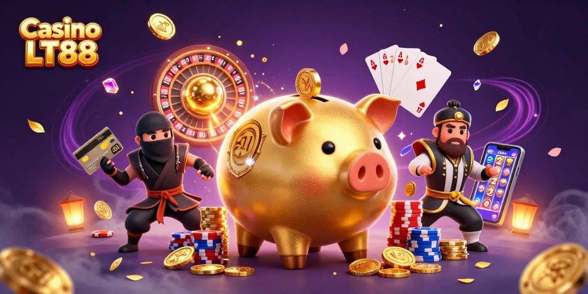 Experience exciting gameplay at Casino LT88 with a dynamic scene featuring a golden piggy bank sumo wrestler and more!