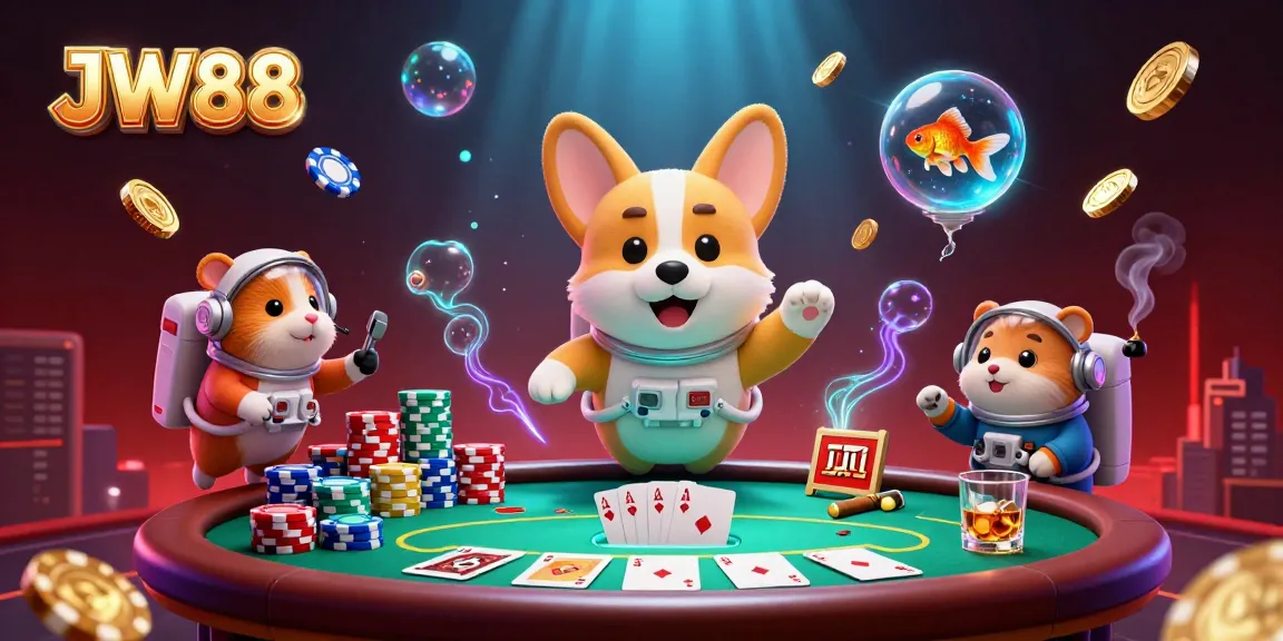 JW88 showcases a cartoon corgi astronaut amidst floating poker chips in a vibrant casino scene.