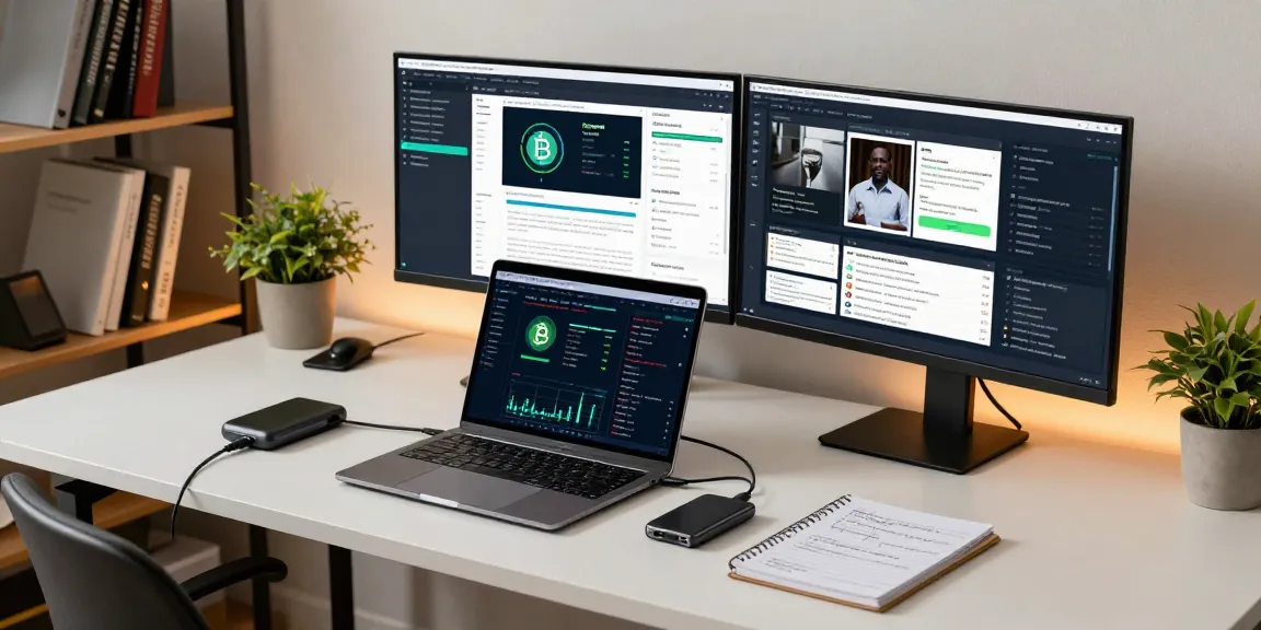El experto en recuperación de criptomonedas trabaja en un entorno moderno con pantallas que muestran análisis de blockchain, mientras revisa estrategias de inversión seguras.