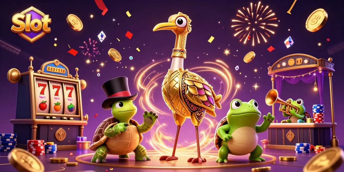 Slot permainan dengan karakter kartun di kasino, tumpukan chip berwarna dan koin terbang.