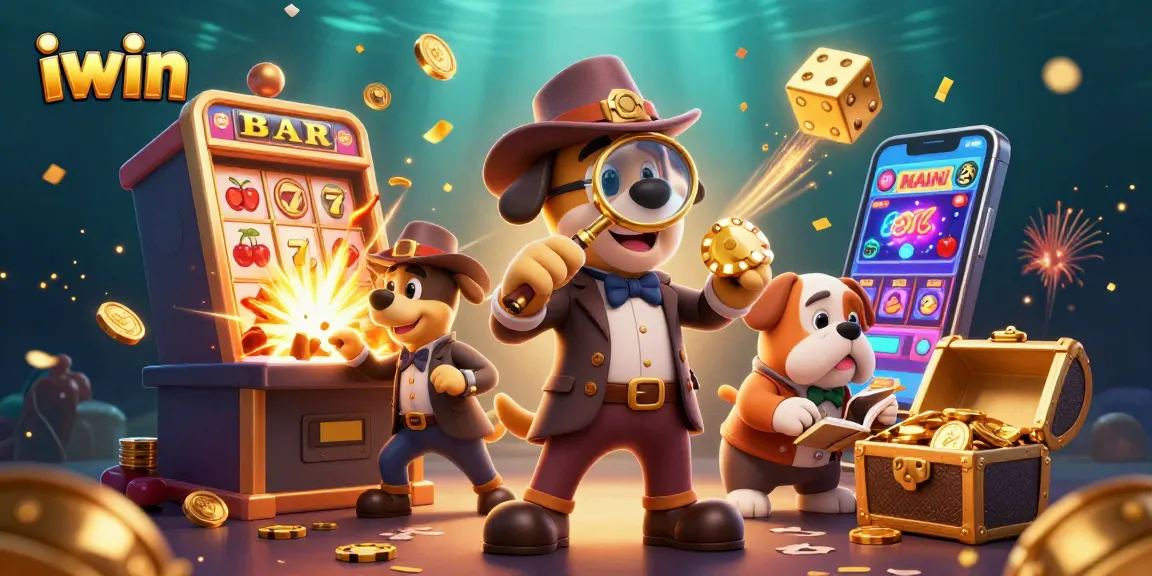 iwin game scene with a detective bloodhound examining poker chips amidst bursting slot machines and golden treasures.
