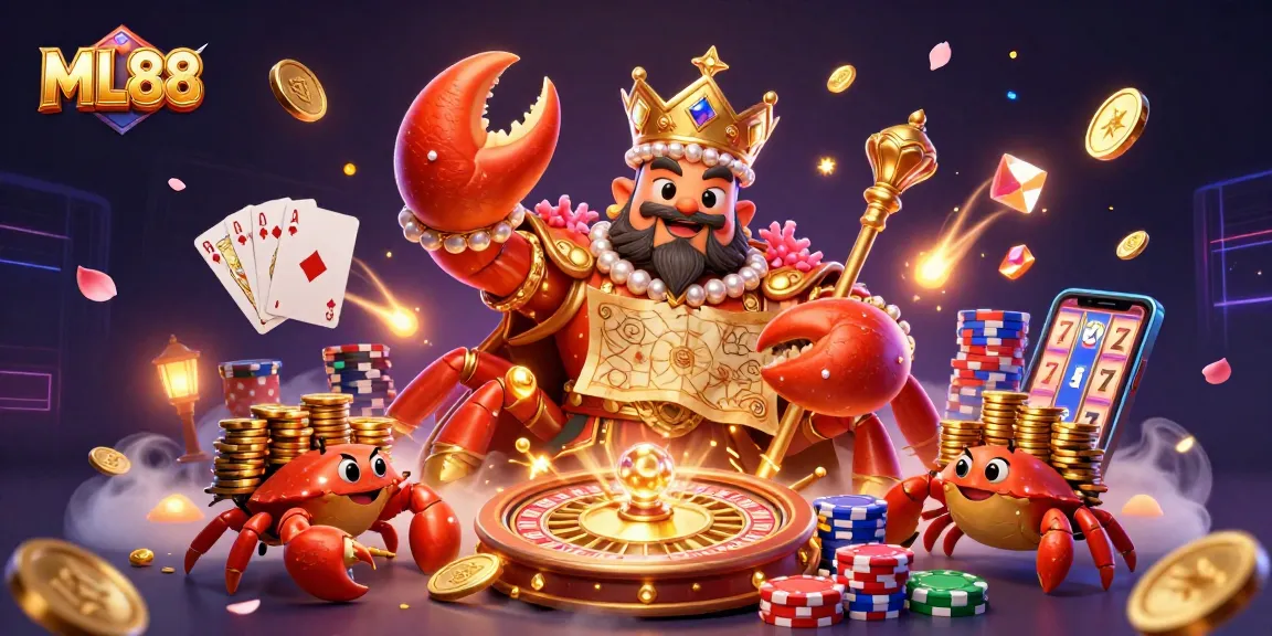 Engage with ML88's thrilling games in a vibrant 3D scene featuring a golden crab emperor and gaming elements.