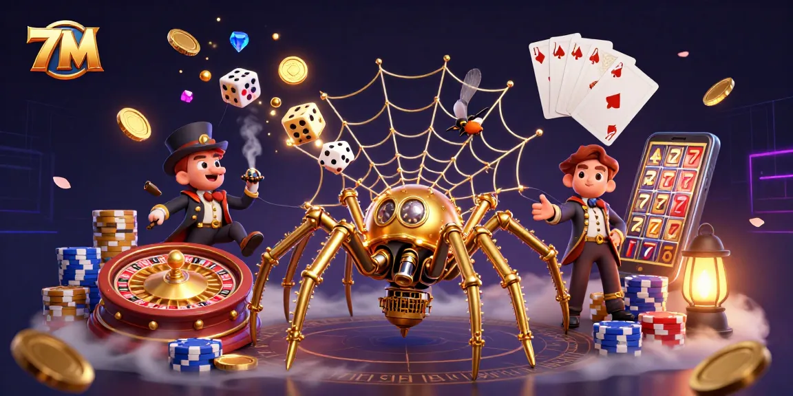 Engage with 7M's vibrant steampunk illustration showcasing golden spider capturing dice amidst dazzling casino elements.