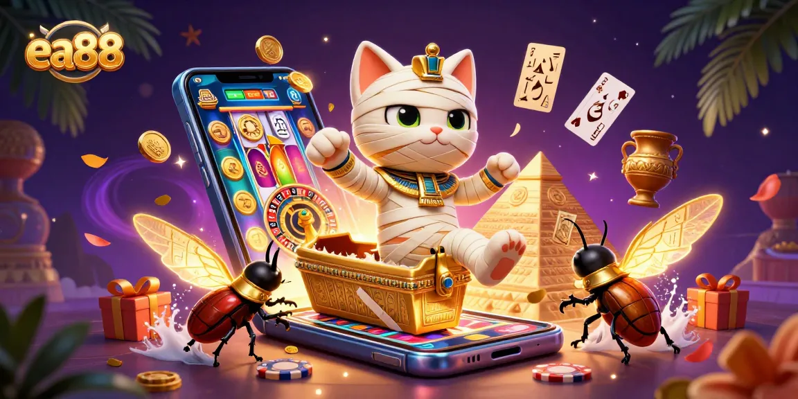 Experience thrill with ea88 as the mummy cat bursts from a sarcophagus in a vibrant casino scene.