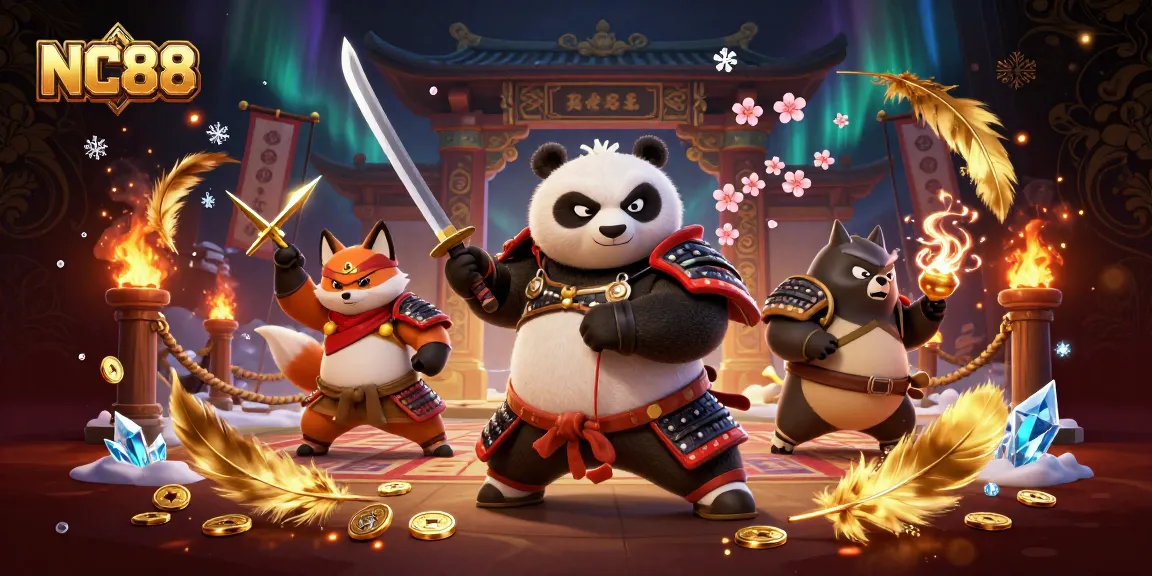 Experience intense action with NC88's thrilling samurai panda and ninja fox in a magical casino arena.