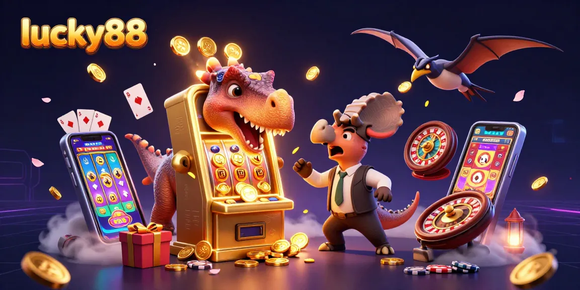 Experience lucky88 in action as a pachycephalosaurus triggers a jackpot while a casino manager panics, surrounded by vibrant gaming elements.