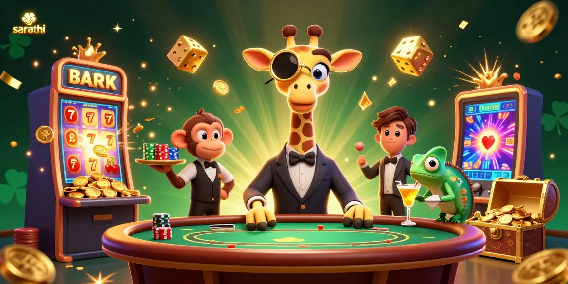 Sarathi showcases a high-roller giraffe at a vibrant casino table with dynamic gaming elements and golden notes.