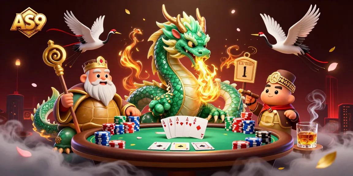 Experience thrilling gameplay with AS9's vibrant dragon and turtle sage over a poker scene.