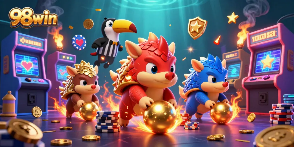 Engage with 98win's thrilling game scene featuring rival pangolins competing amidst golden casino chips.