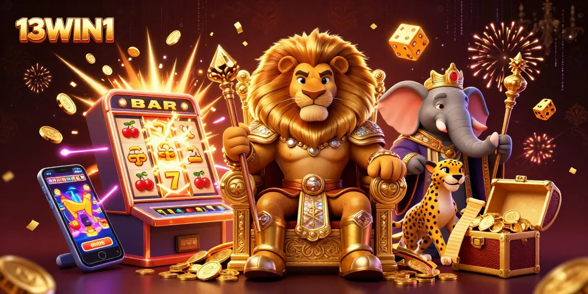 Engage with 13WIN1's thrilling casino adventure featuring a lion king, cheetah, and elephant in an exciting jackpot scene.