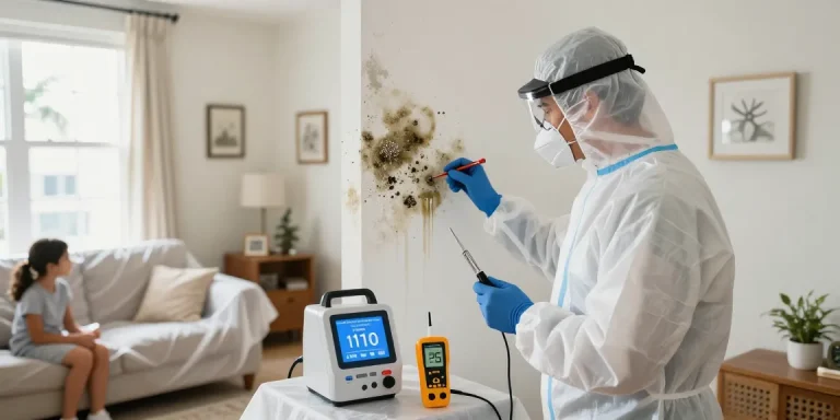 Expert technician conducting West Palm Beach mold remediation in a home, showcasing advanced testing equipment and protective measures.