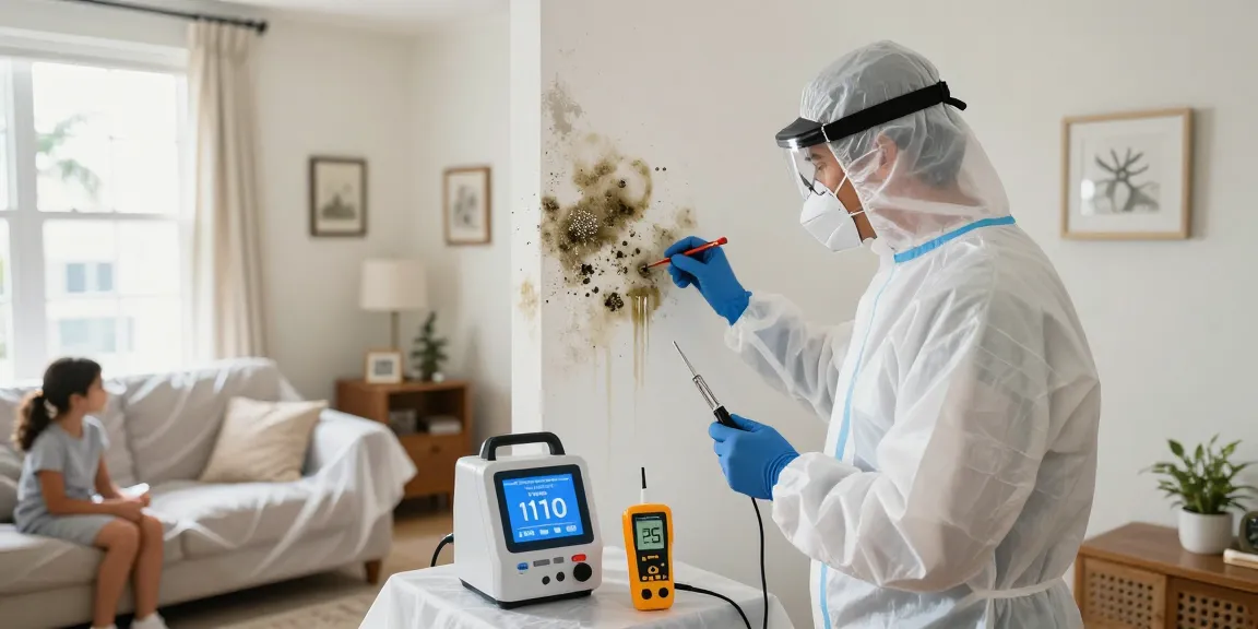 Expert technician conducting West Palm Beach mold remediation in a home, showcasing advanced testing equipment and protective measures.