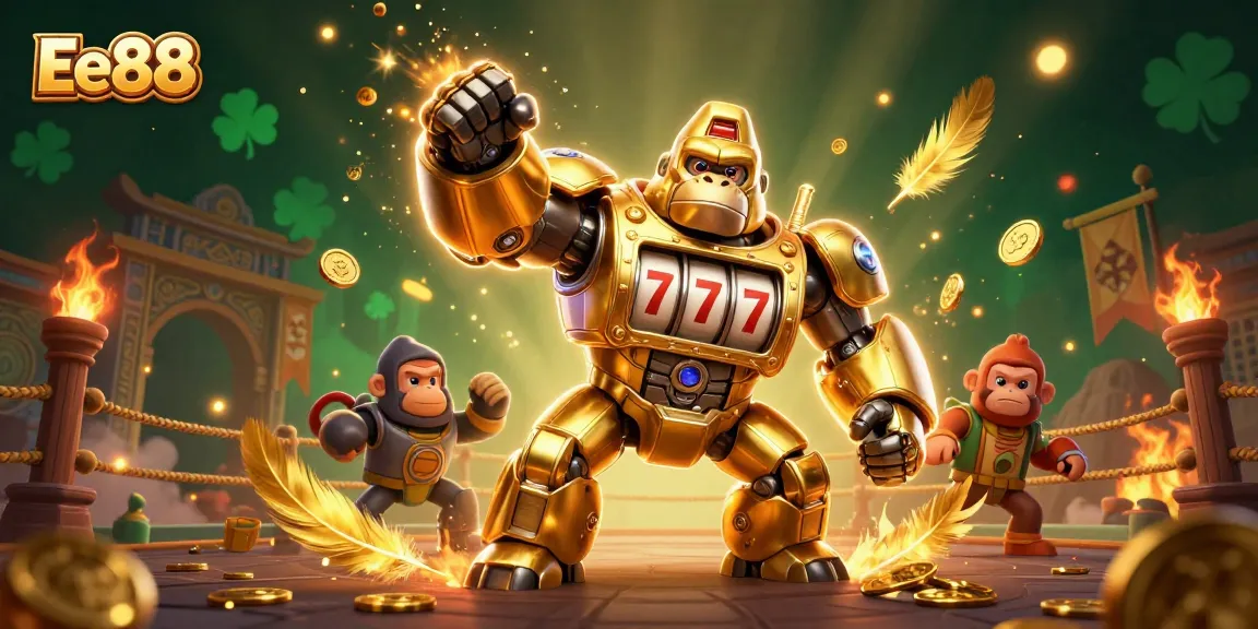 Engage in thrilling gameplay with Ee88 as the golden mech showcases an exhilarating gambling scene filled with action.