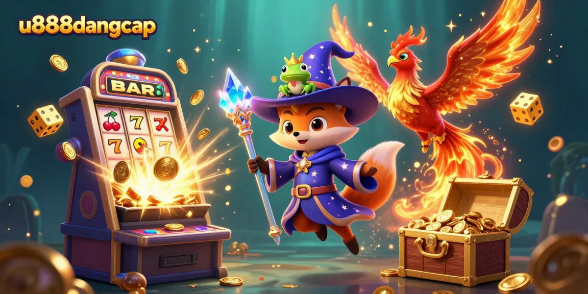 Engage with u888dangcap's thrilling slot machines and vibrant casino games in a magical illustration.