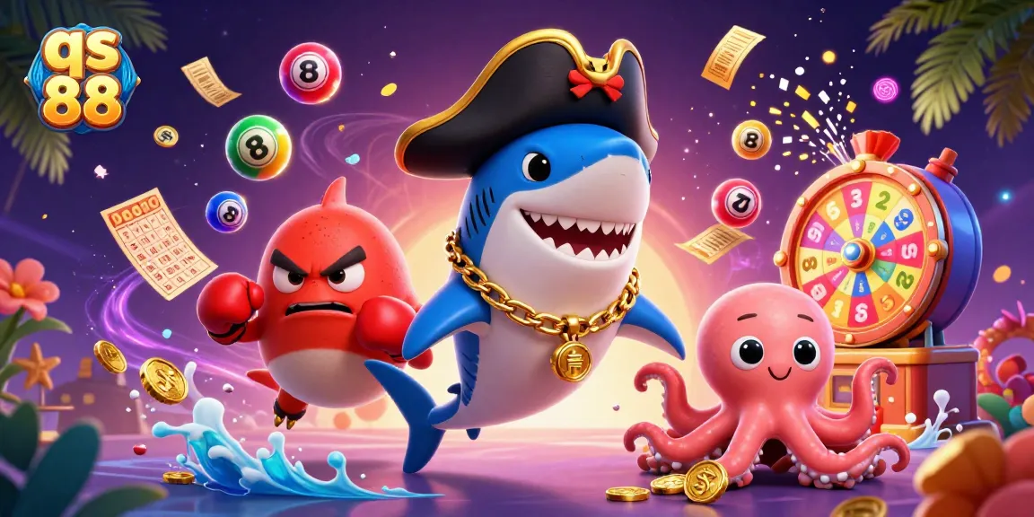 Experience the excitement of qs 88 with colorful lottery balls and captivating characters in this dynamic casino scene.