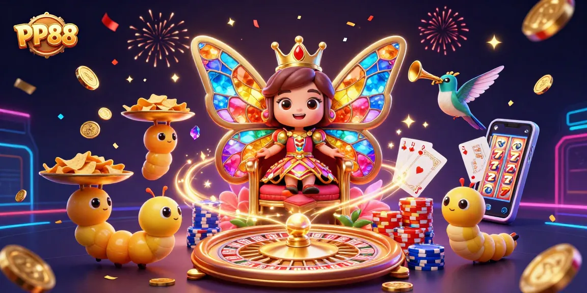 Join the excitement at PP88 with a vibrant scene of casino games, butterfly queen, and dazzling winnings.