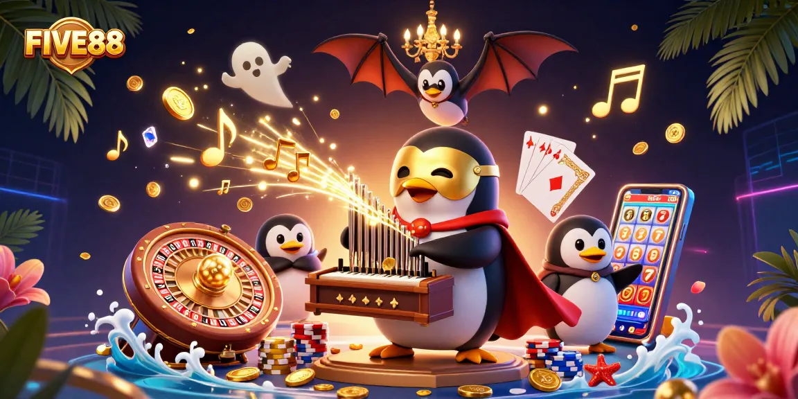 Enjoy thrilling casino action at FIVE88 with penguin playing organ, golden coins, and roulette.