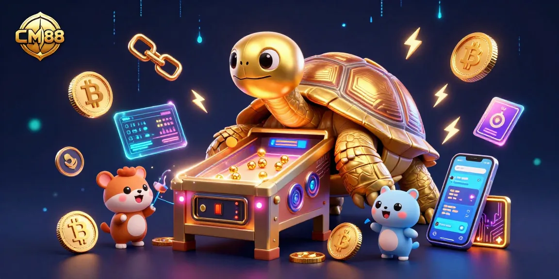 Experience thrilling gameplay at CM88 with a vibrant tortoise pinball machine and crypto elements.