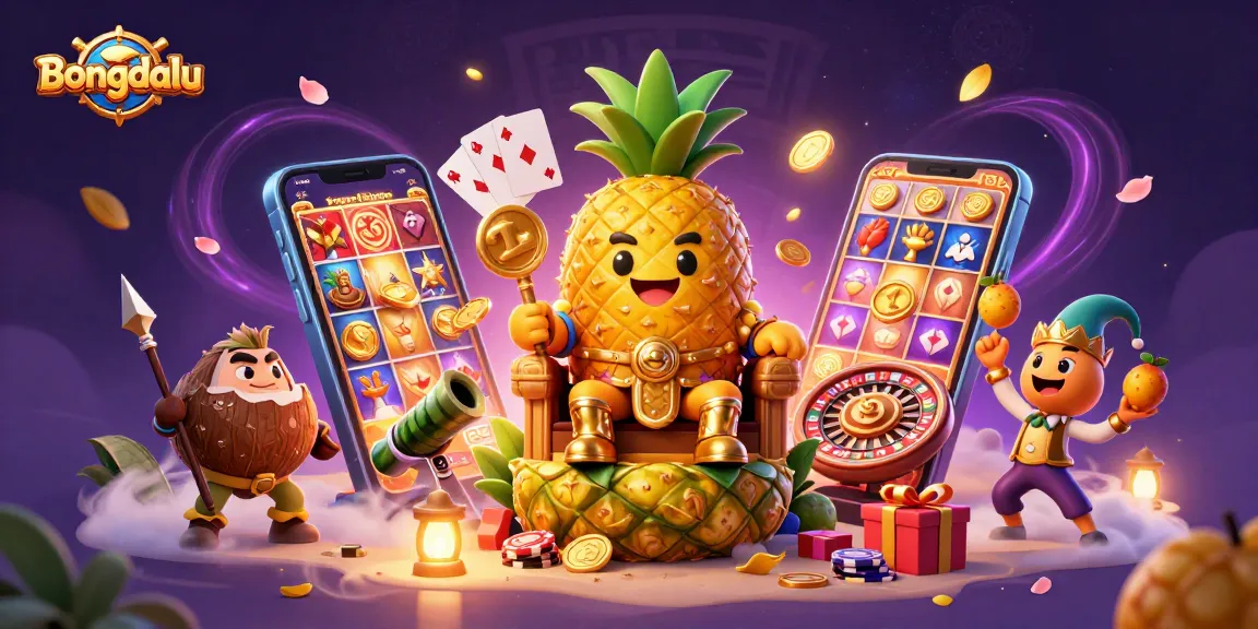 Bongdalu's vibrant beach casino scene features a pineapple king and jester amidst a lively gaming atmosphere.