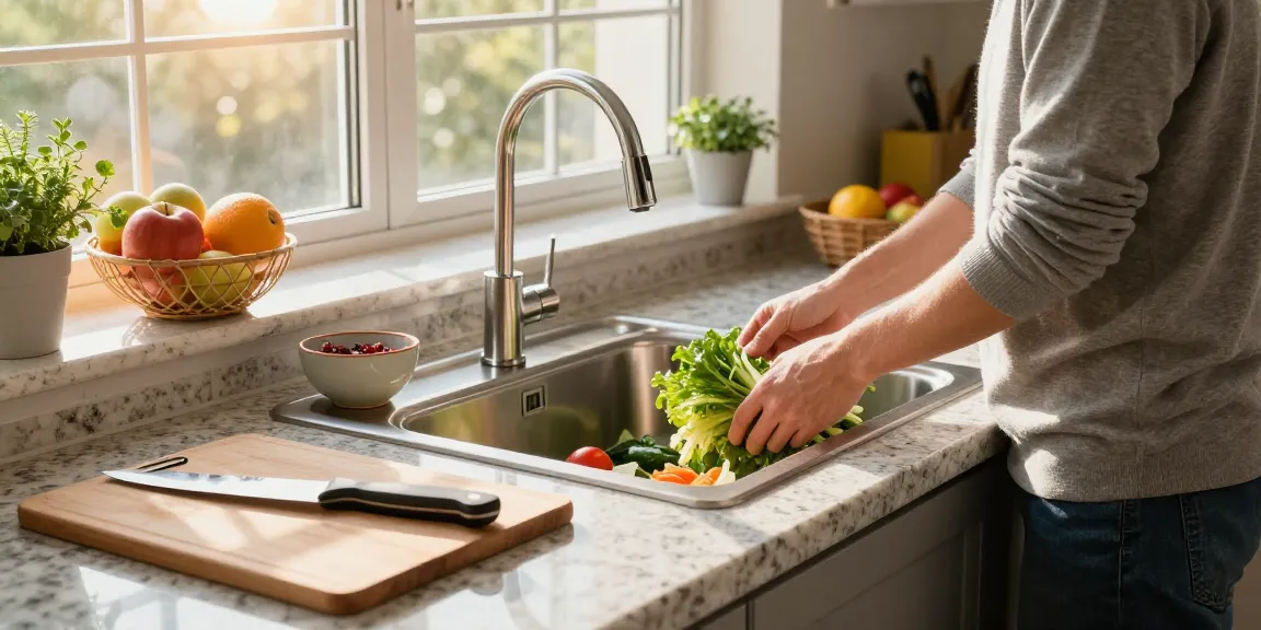 Designed kitchen sink in stainless steel with fresh vegetables and vibrant kitchen elements