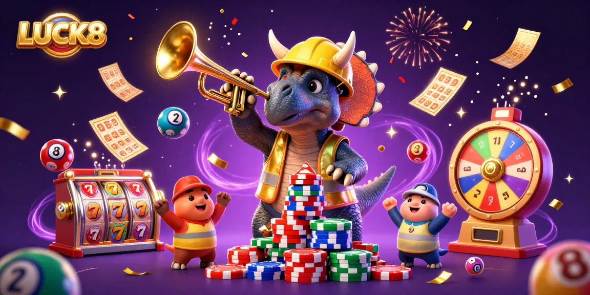 LUCK8 showcases a triceratops building poker chip towers amid a vibrant casino celebration.