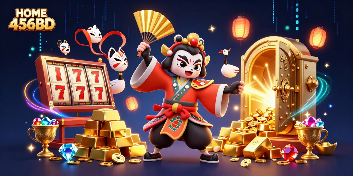Immerse in winning actions at HOME 456BD with vibrant casino illustrations featuring kabuki warriors and slot reels.