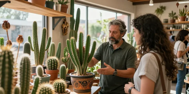 Lophophora williamsii being showcased in a cactus shop, with engaging vendor and natural sunlight.