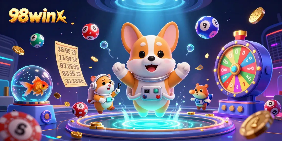 Experience the excitement of 98win casino with floating characters and vibrant game elements.