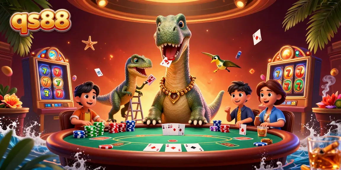 Experience thrilling gaming adventure with qs88 in a vibrant casino illustration featuring dinosaurs.