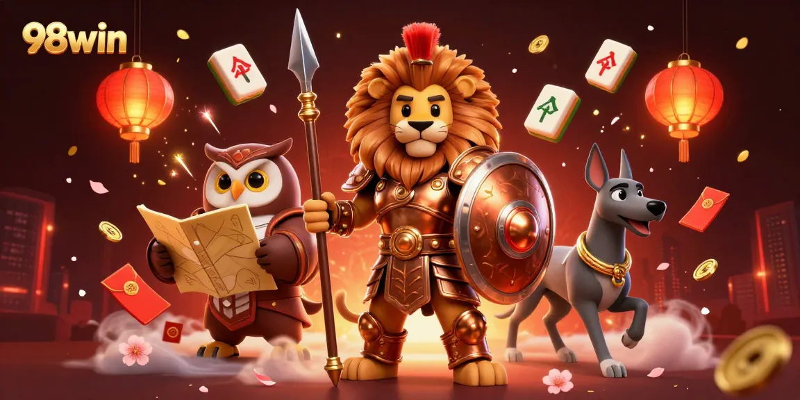Experience thrilling gameplay with 98win's vibrant online casino illustration featuring cartoon characters.