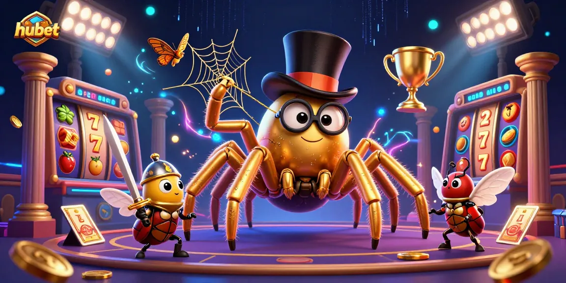 hubet players enjoy vibrant casino scenes featuring a golden tarantula, beetle knight, and dynamic slots.