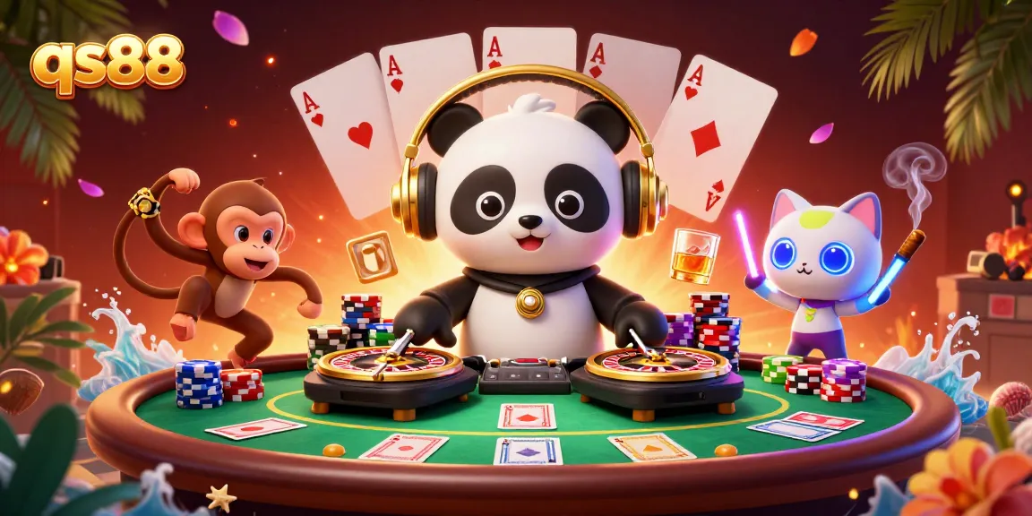 Engage with qs88's thrilling atmosphere featuring a DJ panda, breakdancing monkey, and rave kitten.