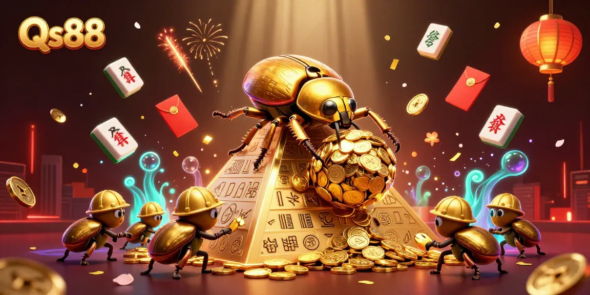 Experience the thrilling world of Qs88 with golden beetles and vibrant gaming elements.