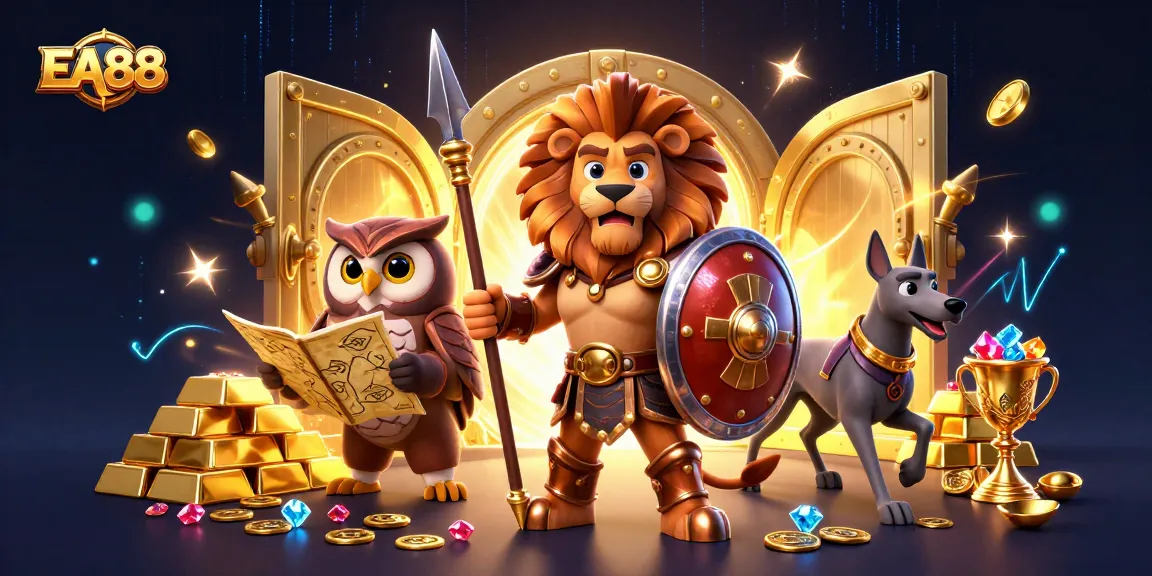 Engage with EA88's dynamic gaming world featuring vibrant characters and overflowing treasure.
